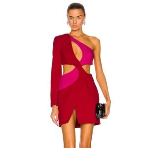 Like New PatBo One Sleeve Red and Pink Crepe Cut Out Mini Dress